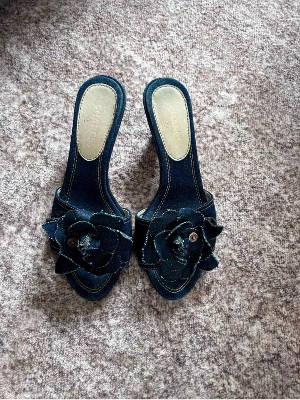 CHANEL Denim Camellia Slide Mules in Dark Blue PLEASE READ DESCRIPTION